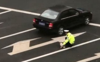流浪狗误闯马路被撞伤 最暖警察肉身阻挡车流