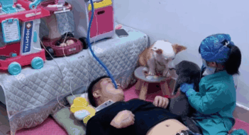 萌娃做“剖腹产”狗狗在一旁“监工” 萌娃做“剖腹产”狗狗在一旁“监工”