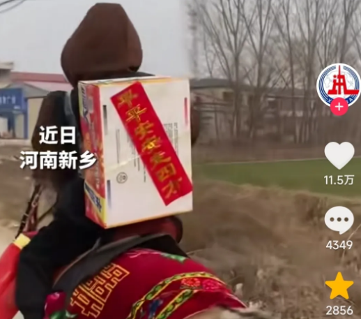 9岁男孩背着礼品，骑马走亲戚拜年。