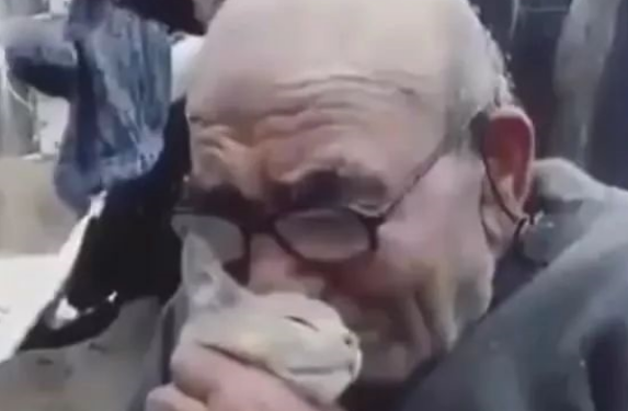 大火夺走了老人的一切，他抱着火场中救出的猫咪痛哭