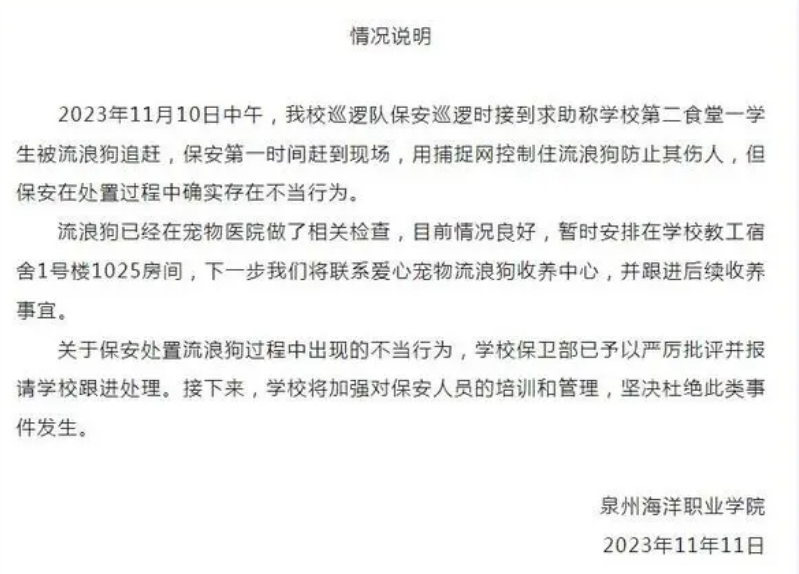 泉州一高校保安在处置流浪狗过程存在不当行为 泉州一高校保安在处置流浪狗过程存在不当行为