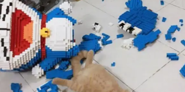 辛辛苦苦拼好的乐高机器猫，出门一会的功夫，就让猫咪报销了