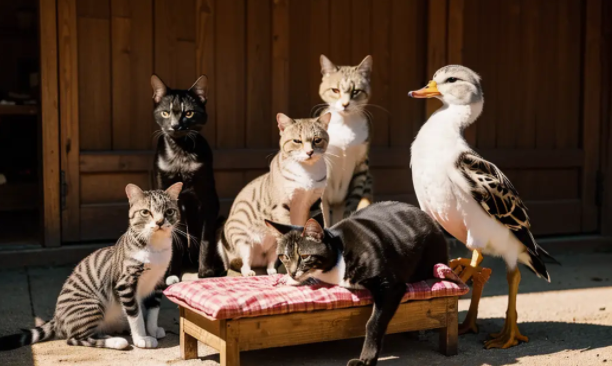 一只鸭子误闯4只猫咪的聚会，猫咪：可以开荤了！