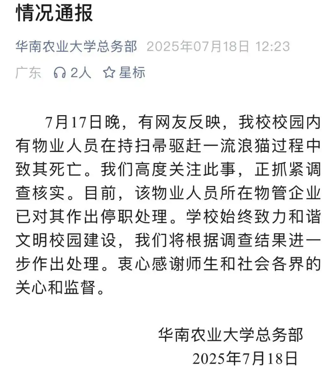 华南农大物业人员被指驱赶怀孕流浪猫致其死亡