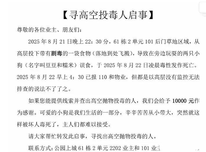 广西一小区有人高空抛食毒死多条宠物狗,居民悬赏万元寻线索 广西一小区有人高空抛食毒死多条宠物狗,居民悬赏万元寻线索